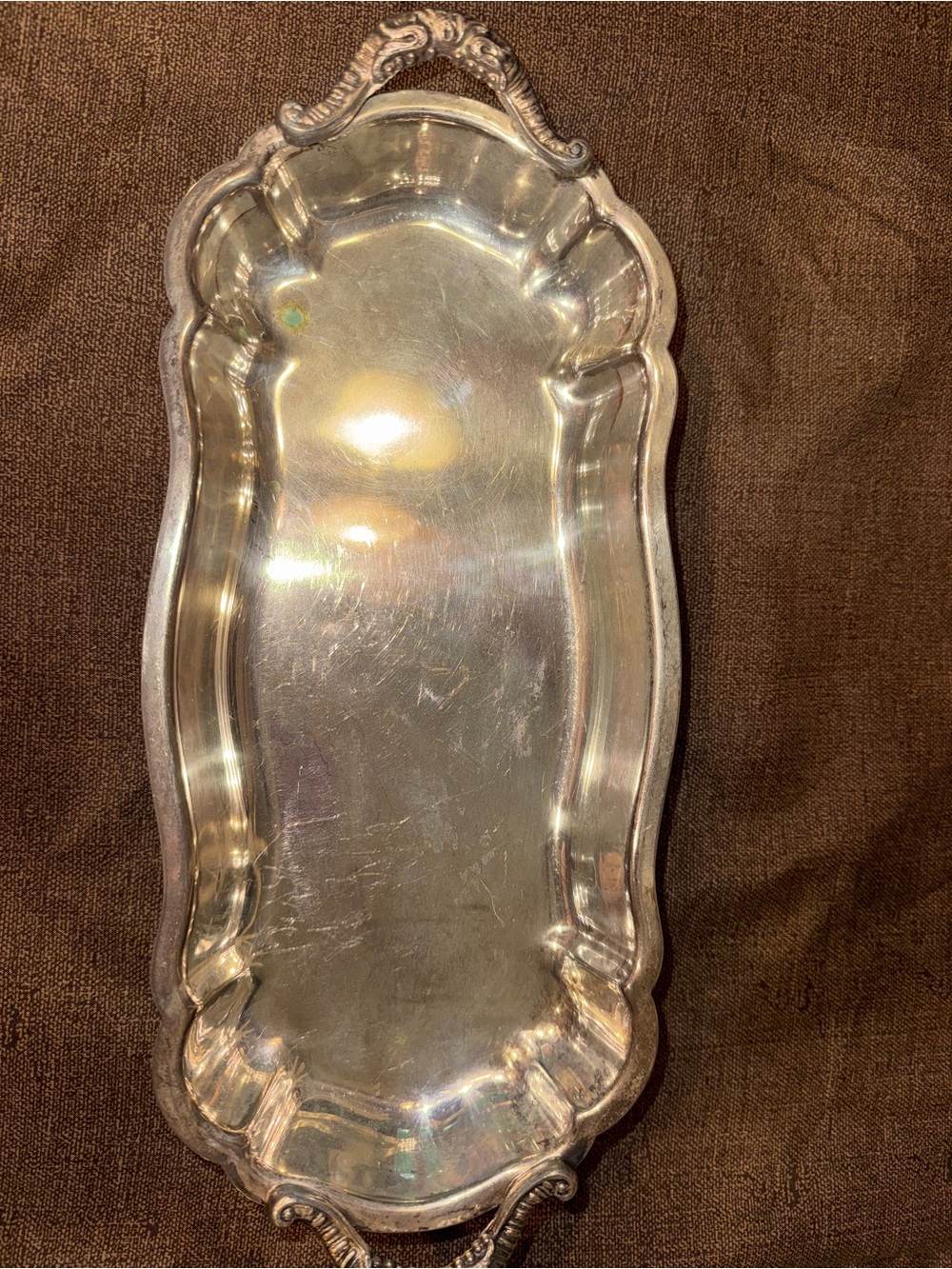 Vintage Silverplate Serving Tray Ornate Handles Scalloped Edge Footed 12”